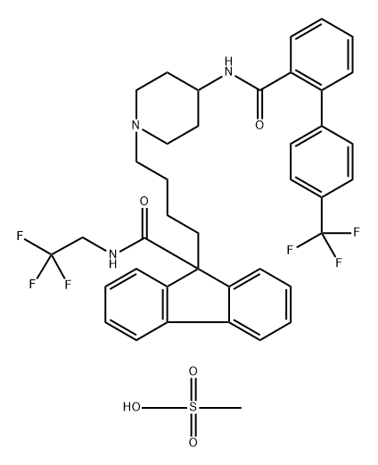 9H-Fluorene-9-carboxamide, N-(2,2,2-trifluoroethyl)-9-[4-[4-[[[4'-(trifluoromethyl)[1,1'-biphenyl]-2-yl]carbonyl]amino]-1-piperidinyl]butyl]-, compd. with methanesulfonate (1:1) Struktur