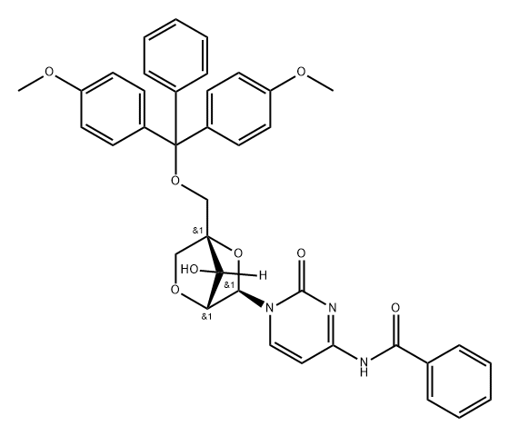 Benzamide, N-[1-[2,5-anhydro-4-C-[[bis(4-methoxyphenyl)phenylmethoxy]methyl]-α-L-lyxofuranosyl]-1,2-dihydro-2-oxo-4-pyrimidinyl]- Struktur