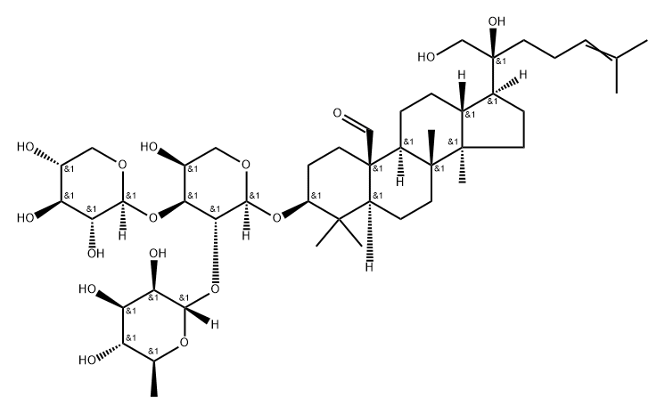 Dammar-24-en-19-al, 3-[(O-6-deoxy-α-L-mannopyranosyl-(1→2)-O-[β-D-xylopyranosyl-(1→3)]-α-L-arabinopyranosyl)oxy]-20,21-dihydroxy-, (3β)- Struktur