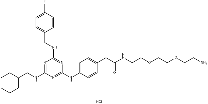 Benzeneacetamide, N-[2-[2-(2-aminoethoxy)ethoxy]ethyl]-4-[[4-[(cyclohexylmethyl)amino]-6-[[(4-fluorophenyl)methyl]amino]-1,3,5-triazin-2-yl]amino]-, hydrochloride (1:1) Struktur