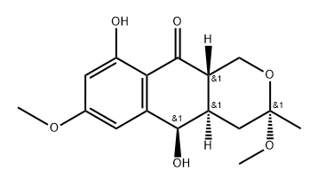 10H-Naphtho[2,3-c]pyran-10-one, 1,3,4,4a,5,10a-hexahydro-5,9-dihydroxy-3,7-dimethoxy-3-methyl-, (3R,4aS,5S,10aR)-rel-(+)- Struktur