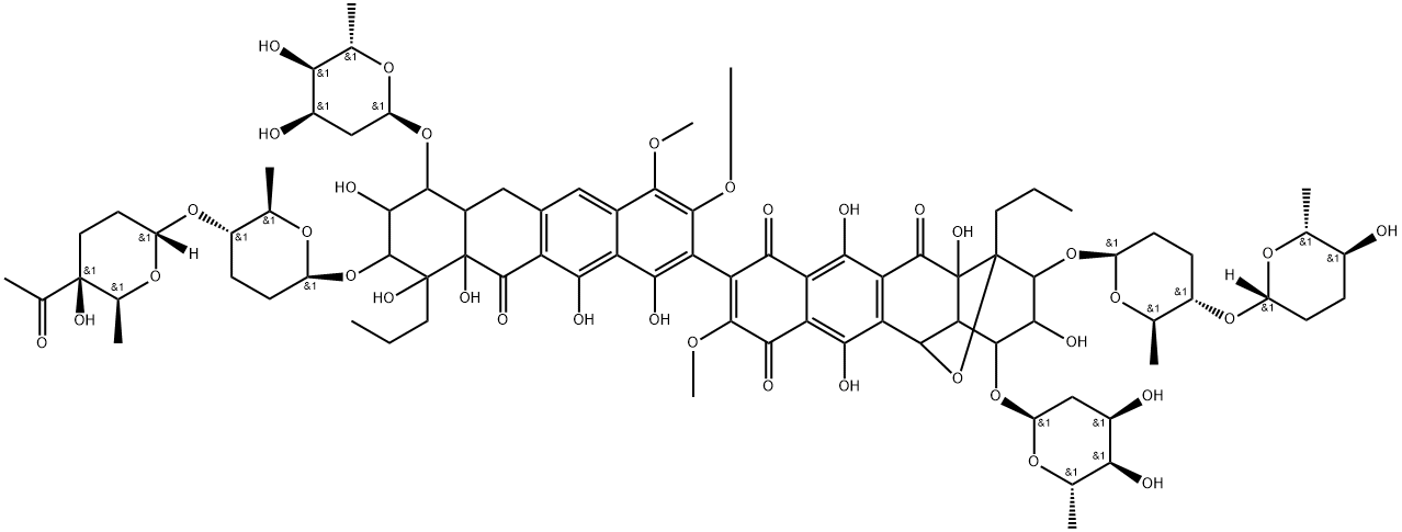 1,5-Epoxynaphthacene-7,10,12(2H)-trione, 9-[9-[[(2R,5R,6S)-5-[[(2S,5R,6R)-5-acetyltetrahydro-5-hydroxy-6-methyl-2H-pyran-2-yl]oxy]tetrahydro-6-methyl-2H-pyran-2-yl]oxy]-7-[(2,6-dideoxy-α-D-ribo-hexopyranosyl)oxy]-6,6a,7,8,9,10,10a,11-octahydro-1,8,10,10a,12-pentahydroxy-3,4-dimethoxy-11-oxo-10-propyl-2-naphthacenyl]-4-[(2,6-dideoxy-α-D-ribo-hexopyranosyl)oxy]-1,3,4,4a,5,12a-hexahydro-3,6,11,12a-tetrahydroxy-8-methoxy-1-propyl-2-[[(2R,5R,6S)-tetrahydro-6-methyl-5-[[(2R,5R,6S)-tetrahydro-5-hydroxy-6-methyl-2H-pyran-2-yl]oxy]-2H-pyran-2-yl]oxy]-, rel- Struktur