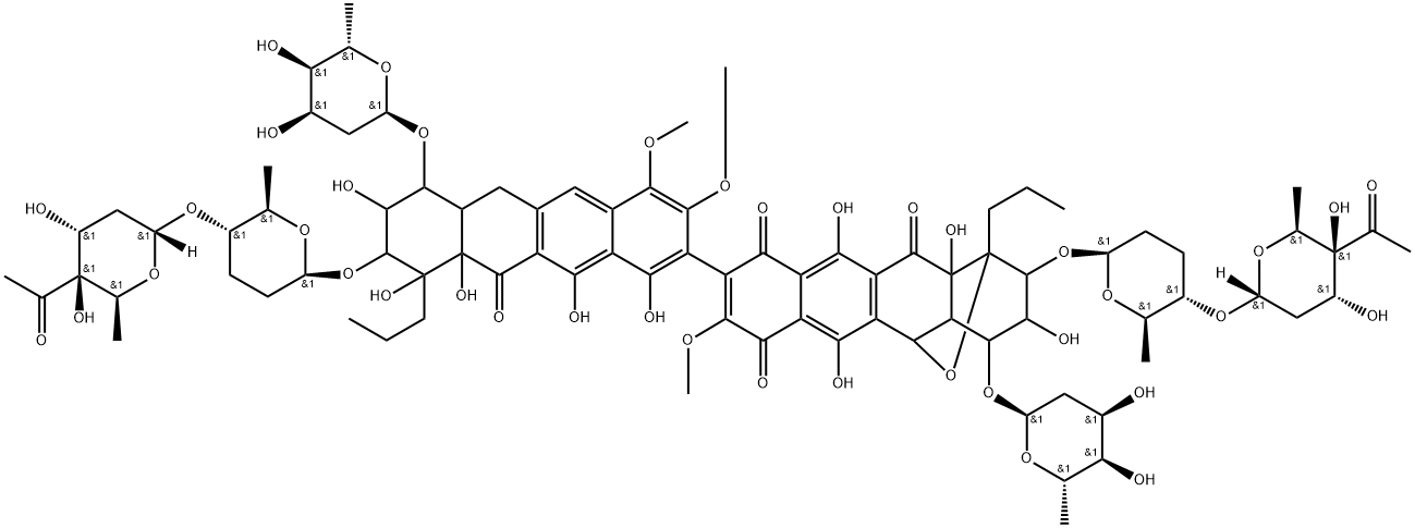 1,5-Epoxynaphthacene-7,10,12(2H)-trione, 2-[[(2R,5R,6S)-5-[(4-C-acetyl-2,6-dideoxy-α-D-xylo-hexopyranosyl)oxy]tetrahydro-6-methyl-2H-pyran-2-yl]oxy]-9-[9-[[(2R,5R,6S)-5-[(4-C-acetyl-2,6-dideoxy-α-D-xylo-hexopyranosyl)oxy]tetrahydro-6-methyl-2H-pyran-2-yl]oxy]-7-[(2,6-dideoxy-α-D-ribo-hexopyranosyl)oxy]-6,6a,7,8,9,10,10a,11-octahydro-1,8,10,10a,12-pentahydroxy-3,4-dimethoxy-11-oxo-10-propyl-2-naphthacenyl]-4-[(2,6-dideoxy-α-D-ribo-hexopyranosyl)oxy]-1,3,4,4a,5,12a-hexahydro-3,6,11,12a-tetrahydroxy-8-methoxy-1-propyl-, rel- Struktur