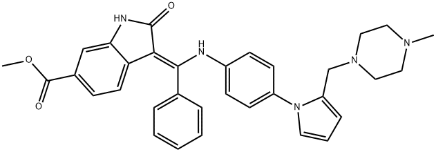 1H-Indole-6-carboxylic acid, 2,3-dihydro-3-[[[4-[2-[(4-methyl-1-piperazinyl)methyl]-1H-pyrrol-1-yl]phenyl]amino]phenylmethylene]-2-oxo-, methyl ester, (3Z)- Struktur