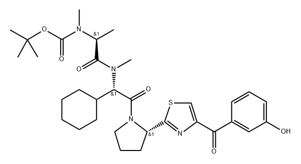 Carbamic acid, N-[(1S)-2-[[(1S)-1-cyclohexyl-2-[(2S)-2-[4-(3-hydroxybenzoyl)-2-thiazolyl]-1-pyrrolidinyl]-2-oxoethyl]methylamino]-1-methyl-2-oxoethyl]-N-methyl-, 1,1-dimethylethyl ester Struktur