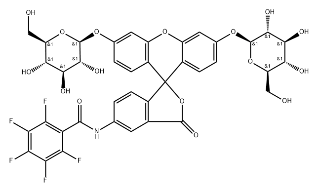 Benzamide, N-[3',6'-bis(β-D-glucopyranosyloxy)-3-oxospiro[isobenzofuran-1(3H),9'-[9H]xanthen]-5-yl]-2,3,4,5,6-pentafluoro- Struktur