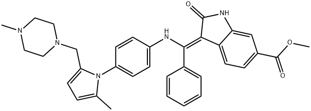 1H-Indole-6-carboxylic acid, 2,3-dihydro-3-[[[4-[2-methyl-5-[(4-methyl-1-piperazinyl)methyl]-1H-pyrrol-1-yl]phenyl]amino]phenylmethylene]-2-oxo-, methyl ester, (3Z)- Struktur