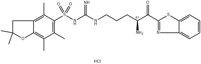 5-Benzofuransulfonamide, N-[[[(4S)-4-amino-5-(2-benzothiazolyl)-5-oxopentyl]amino]iminomethyl]-2,3-dihydro-2,2,4,6,7-pentamethyl-, hydrochloride (1:1) Struktur