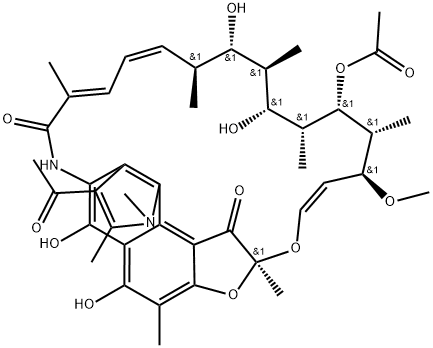 9,4-(Epoxypentadeca[1,11,13]trienimino)-1H-benzofuro[5,4-g]indole-10,26(9H)-dione, 3-acetyl-16-(acetyloxy)-5,6,18,20-tetrahydroxy-14-methoxy-1,2,7,9,15,17,19,21,25-nonamethyl-, (9S,12E,14S,15R,16S,17R,18R,19R,20S,21S,22E,24Z)- (9CI) Struktur