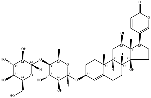 3β-[(4-O-β-D-Glucopyranosyl-6-deoxy-α-L-mannopyranosyl)oxy]-12β,14-dihydroxybufa-4,20,22-trienolide Struktur