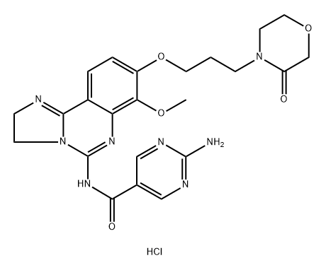 5-Pyrimidinecarboxamide, 2-amino-N-[2,3-dihydro-7-methoxy-8-[3-(3-oxo-4-morpholinyl)propoxy]imidazo[1,2-c]quinazolin-5-yl]-, hydrochloride (1:1) Struktur