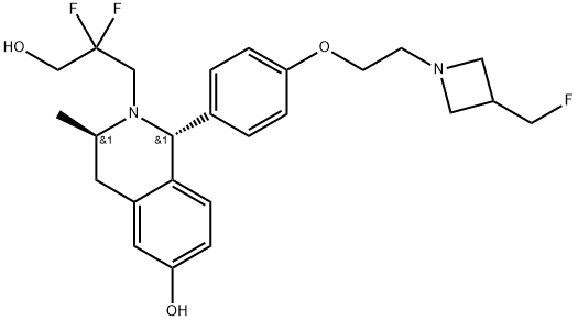 2(1H)-Isoquinolinepropanol, β,β-difluoro-1-[4-[2-[3-(fluoromethyl)-1-azetidinyl]ethoxy]phenyl]-3,4-dihydro-6-hydroxy-3-methyl-, (1R,3R)- Struktur