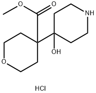 2H-Pyran-4-carboxylic acid, tetrahydro-4-(4-hydroxy-4-piperidinyl)-, methyl ester, hydrochloride (1:1) Struktur