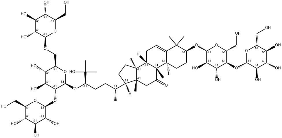 19-Norlanost-5-en-11-one, 24-[(O-β-D-glucopyranosyl-(1→2)-O-[β-D-glucopyranosyl-(1→6)]-β-D-glucopyranosyl)oxy]-3-[(4-O-β-D-glucopyranosyl-β-D-glucopyranosyl)oxy]-25-hydroxy-9-methyl-, (9β,10α,24R)- Struktur