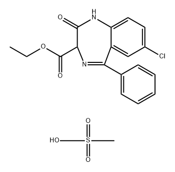 1H-1,4-Benzodiazepine-3-carboxylic acid, 7-chloro-2,3-dihydro-2-oxo-5-phenyl-, ethyl ester, methanesulfonate (1:1) Struktur