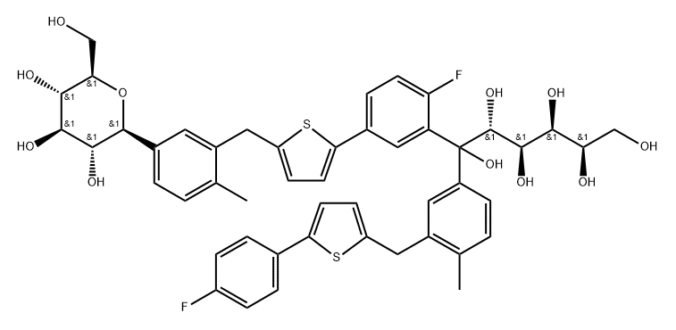 L-Glucitol, 6-C-[2-fluoro-5-[5-[(5-β-D-glucopyranosyl-2-methylphenyl)methyl]-2-thienyl]phenyl]-6-C-[3-[[5-(4-fluorophenyl)-2-thienyl]methyl]-4-methylphenyl]- Struktur