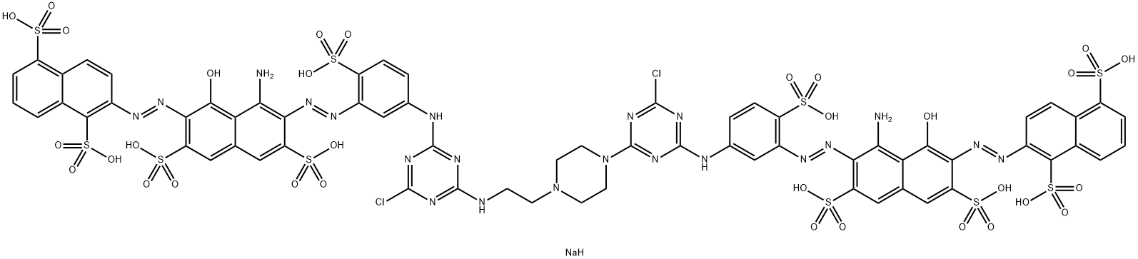 1,5-Naphthalenedisulfonic acid, 2-8-amino-7-5-4-4-2-4-3-1-amino-7-(1,5-disulfo-2-naphthalenyl)azo-8-hydroxy-3,6-disulfo-2-naphthalenylazo-4-sulfophenylamino-6-chloro-1,3,5-triazin-2-ylaminoethyl-1-piperazinyl-6-chloro-1,3,5-triazin-2-ylamino-2-sulfophenyl Struktur