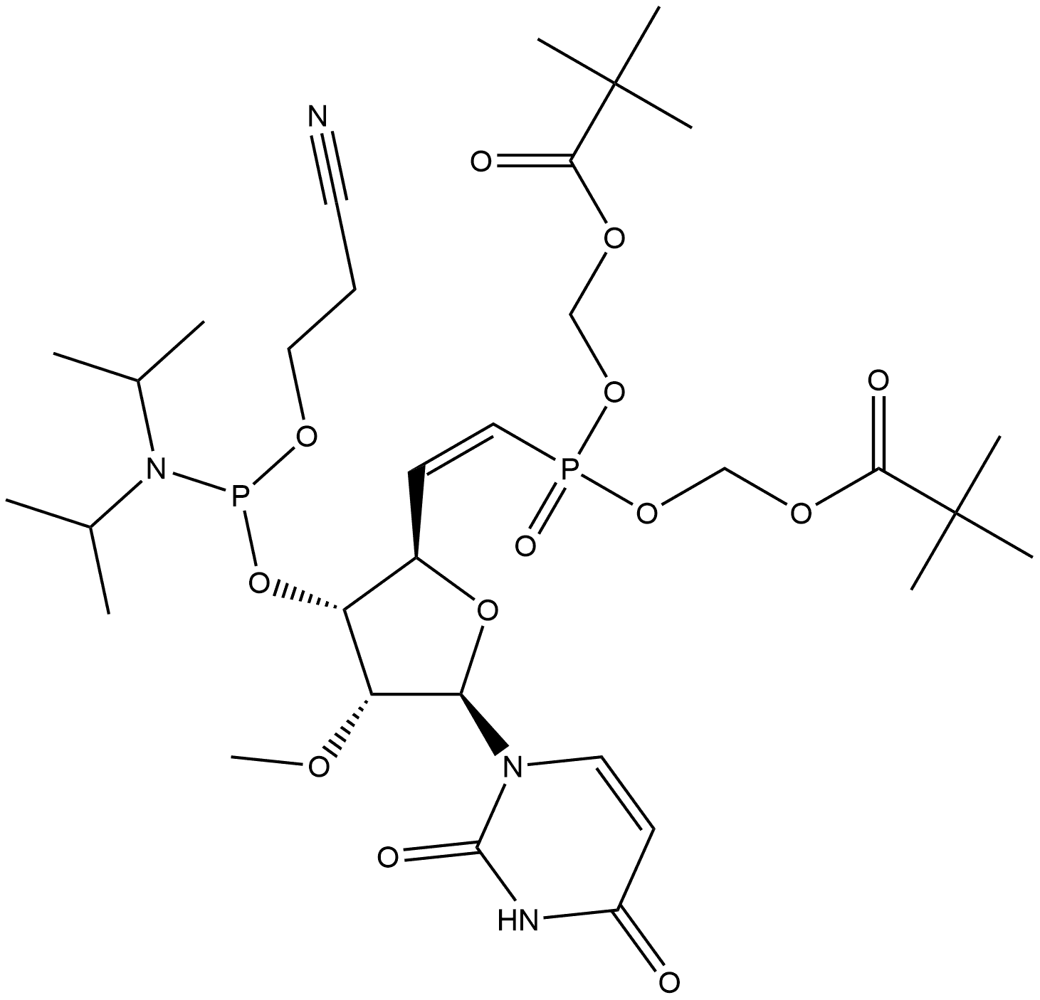 2,4(1H,3H)-Pyrimidinedione, 1-[(5Z)-6-[bis[(2,2-dimethyl-1-oxopropoxy)methoxy]phosphinyl]-3-O-[[bis(1-methylethyl)amino](2-cyanoethoxy)phosphino]-5,6-dideoxy-2-O-methyl-β-D-ribo-hex-5-enofuranosyl]- Struktur