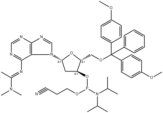 Ethanimidamide, N'-[7-[5-O-[bis(4-methoxyphenyl)phenylmethyl]-3-O-[[bis(1-methylethyl)amino](2-cyanoethoxy)phosphino]-2-deoxy-β-D-erythro-pentofuranosyl]-7H-purin-6-yl]-N,N-dimethyl- Struktur