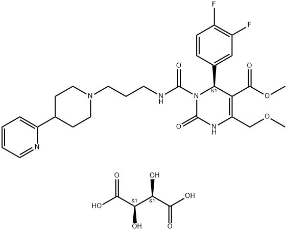 5-Pyrimidinecarboxylic acid, 6-(3,4-difluorophenyl)-1,2,3,6-tetrahydro-4-(methoxymethyl)-2-oxo-1-[[[3-[4-(2-pyridinyl)-1-piperidinyl]propyl]amino]carbonyl]-, methyl ester, (6S)-, (2R,3R)-2,3-dihydroxybutanedioate (1:1) (9CI) Struktur