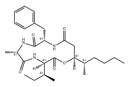 Cyclo[L-alanyl-D-alloisoleucyl-(3S,4S)-3-hydroxy-4-methyloctanoyl-L-phenylalanyl] Struktur