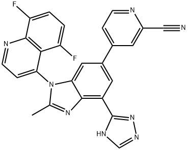 2-Pyridinecarbonitrile, 4-[(1R)-1-(5,8-difluoro-4-quinolinyl)-2-methyl-4-(1H-1,2,4-triazol-5-yl)-1H-benzimidazol-6-yl]- Struktur