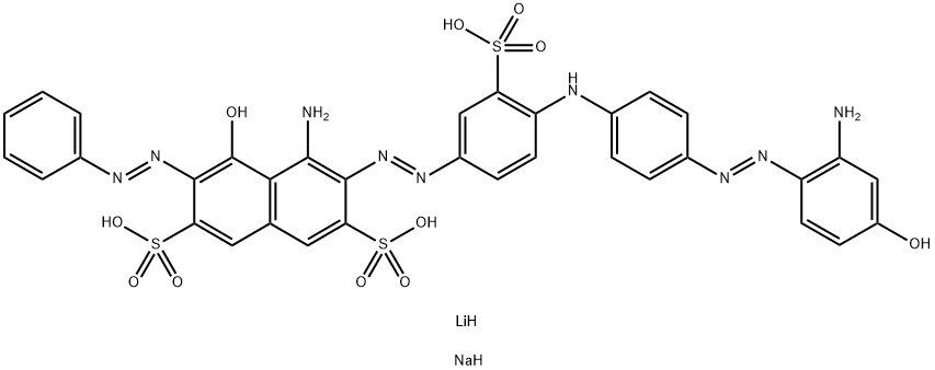 2,7-Naphthalenedisulfonic acid, 4-amino-3-[2-[4-[[4-[2-(2-amino-4-hydroxyphenyl)diazenyl]phenyl]amino]-3-sulfophenyl]diazenyl]-5-hydroxy-6-(2-phenyldiazenyl)-, lithium sodium salt (1::) Struktur