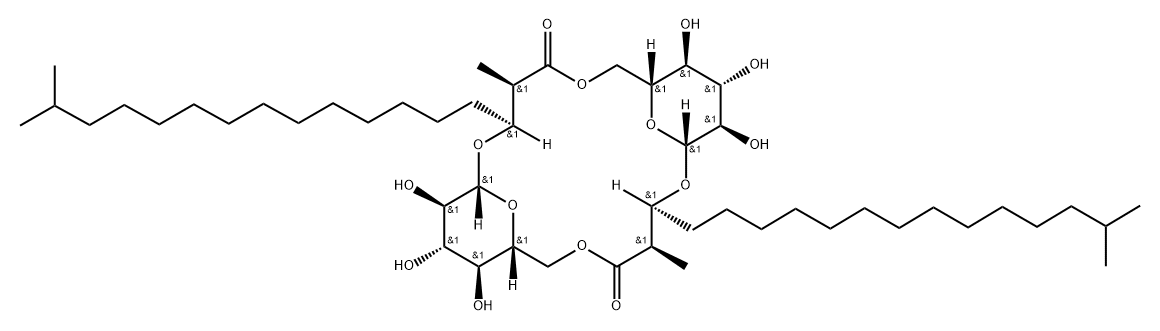 Heptadecanoic acid, 3-[[6-O-[(2R,3S)-3-(β-D-glucopyranosyloxy)-2,16-dimethyl-1-oxoheptadecyl]-β-D-glucopyranosyl]oxy]-2,16-dimethyl-, intramol. 1,6''-ester, (2R,3S)- (9CI) Struktur