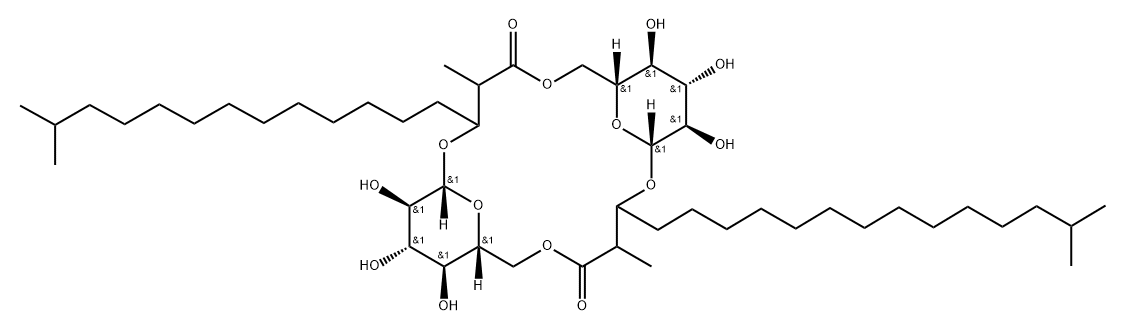 Heptadecanoic acid,3-[[6-O-[3-(b-D-glucopyranosyloxy)-2,15-dimethyl-1-oxohexadecyl]-b-D-glucopyranosyl]oxy]-2,16-dimethyl-,intramol. 1,6''-ester (9CI) Struktur