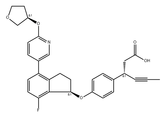 Benzenepropanoic acid, 4-[[(1R)-7-fluoro-2,3-dihydro-4-[6-[[(3R)-tetrahydro-3-furanyl]oxy]-3-pyridinyl]-1H-inden-1-yl]oxy]-β-1-propyn-1-yl-, (βS)- Struktur