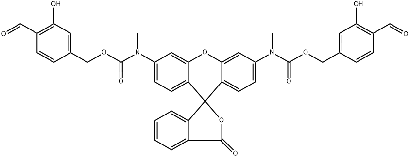 Carbamic acid, N,N'-(3-oxospiro[isobenzofuran-1(3H),9'-[9H]xanthene]-3',6'-diyl)bis[N-methyl-, C,C'-bis[(4-formyl-3-hydroxyphenyl)methyl] ester Struktur