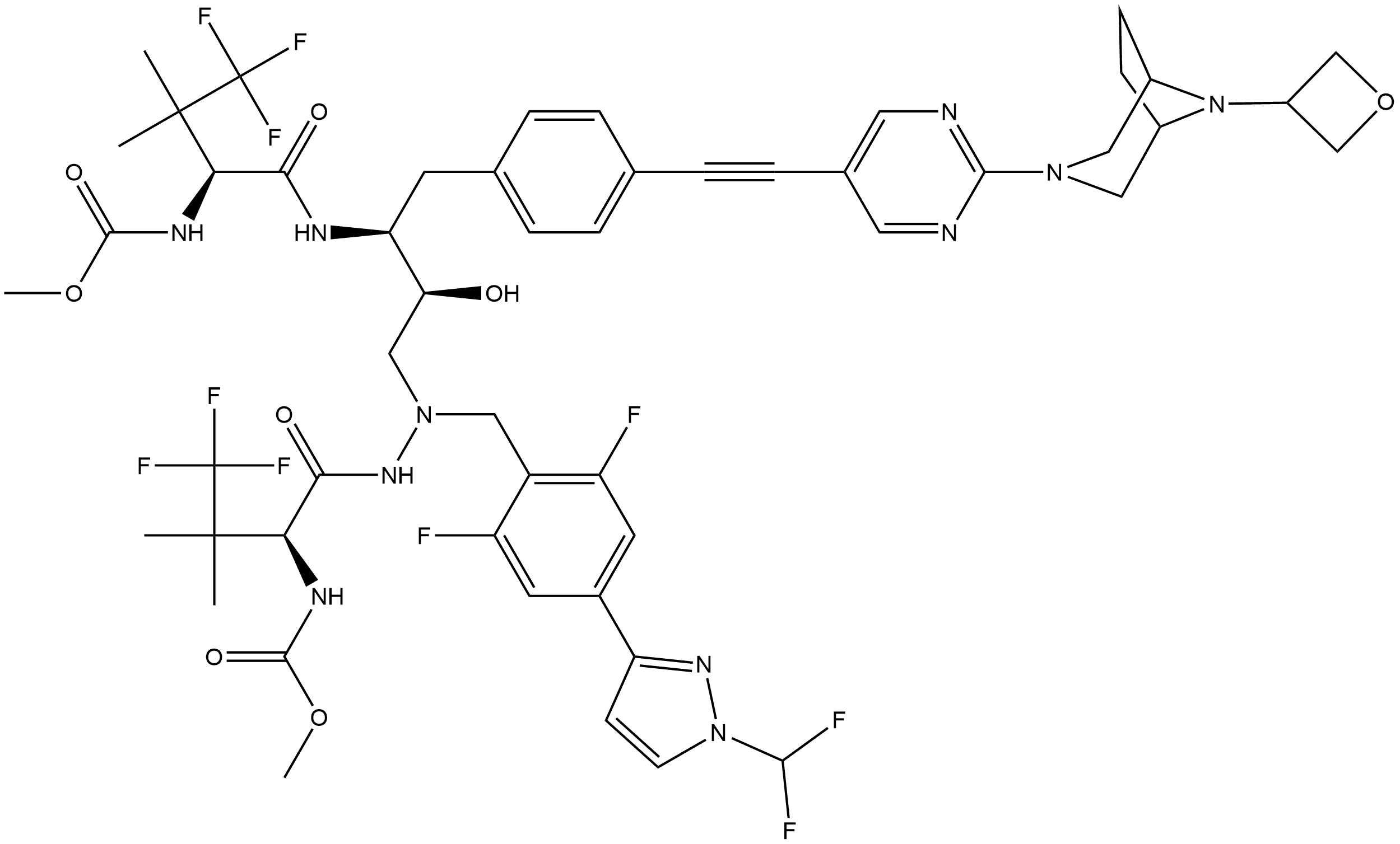 2,5,6,10,13-Pentaazatetradecanedioic acid, 6-[[4-[1-(difluoromethyl)-1H-pyrazol-3-yl]-2,6-difluorophenyl]methyl]-8-hydroxy-9-[[4-[2-[2-[8-(3-oxetanyl)-3,8-diazabicyclo[3.2.1]oct-3-yl]-5-pyrimidinyl]ethynyl]phenyl]methyl]-4,11-dioxo-3,12-bis(2,2,2-trifluoro-1,1-dimethylethyl)-, 1,14-dimethyl ester, (3S,8S,9S,12S)- Struktur