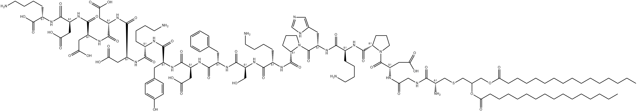 L-Lysine, S-[2,3-bis[(1-oxohexadecyl)oxy]propyl]-L-cysteinylglycyl-L-α-aspartyl-L-prolyl-L-lysyl-L-histidyl-L-prolyl-L-lysyl-L-seryl-L-phenylalanyl-L-α-aspartyl-L-tyrosyl-L-lysyl-L-α-aspartyl-L-α-aspartyl-L-α-aspartyl-L-α-aspartyl- Struktur