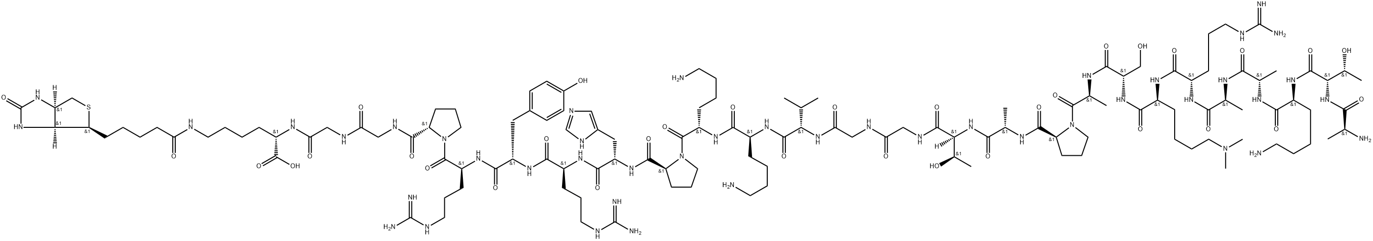 L-Lysine, L-alanyl-L-threonyl-L-lysyl-L-alanyl-L-alanyl-L-arginyl-N6,N6-dimethyl-L-lysyl-L-seryl-L-alanyl-L-prolyl-L-alanyl-L-threonylglycylglycyl-L-valyl-L-lysyl-L-lysyl-L-prolyl-L-histidyl-L-arginyl-L-tyrosyl-L-arginyl-L-prolylglycylglycyl-N6-[5-[(3aS,4S,6aR)-hexahydro-2-oxo-1H-thieno[3,4-d]imidazol-4-yl]-1-oxopentyl]- Struktur