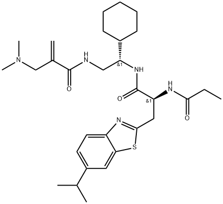 2-Benzothiazolepropanamide, N-[(1S)-1-cyclohexyl-2-[[2-[(dimethylamino)methyl]-1-oxo-2-propen-1-yl]amino]ethyl]-6-(1-methylethyl)-α-[(1-oxopropyl)amino]-, (αS)- Struktur