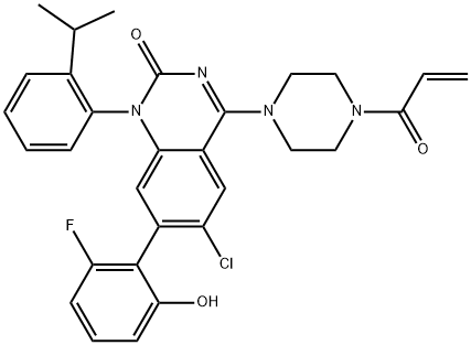 2(1H)-Quinazolinone, 6-chloro-7-(2-fluoro-6-hydroxyphenyl)-1-[2-(1-methylethyl)phenyl]-4-[4-(1-oxo-2-propen-1-yl)-1-piperazinyl]-, (1R)- Struktur