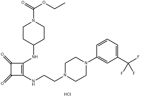 1-Piperidinecarboxylic acid, 4-[[3,4-dioxo-2-[[2-[4-[3-(trifluoromethyl)phenyl]-1-piperazinyl]ethyl]amino]-1-cyclobuten-1-yl]amino]-, ethyl ester, hydrochloride (1:1) Struktur