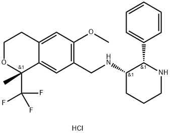 3-Piperidinamine, N-[[(1R)-3,4-dihydro-6-methoxy-1-methyl-1-(trifluoromethyl)-1H-2-benzopyran-7-yl]methyl]-2-phenyl-, hydrochloride (1:2), (2S,3S)- Struktur