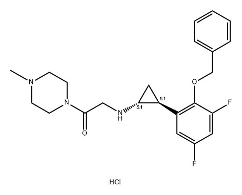 Ethanone, 2-[[(1R,2S)-2-[3,5-difluoro-2-(phenylmethoxy)phenyl]cyclopropyl]amino]-1-(4-methyl-1-piperazinyl)-, hydrochloride (1:1), rel- Struktur