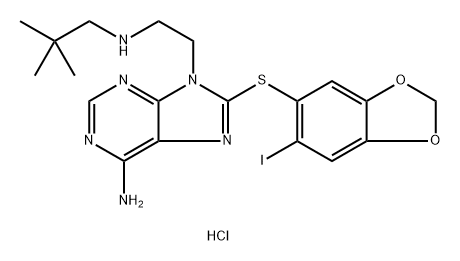 9H-Purine-9-ethanamine, 6-amino-N-(2,2-dimethylpropyl)-8-[(6-iodo-1,3-benzodioxol-5-yl)thio]-, hydrochloride (1:2) Struktur