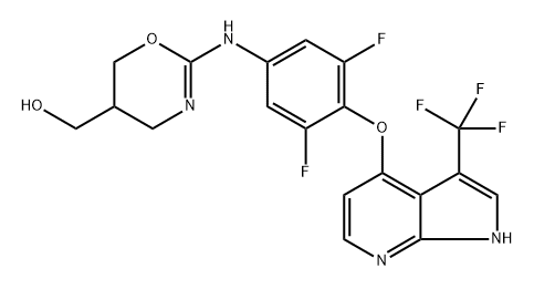 (2-((3,5-difluoro-4-((3-(trifluoromethyl)-1H-pyrrolo[2,3-b]pyridin-4-yl)oxy)phenyl)amino)-5,6-dihydro-4H-1,3-oxazin-5-yl)methanol Struktur