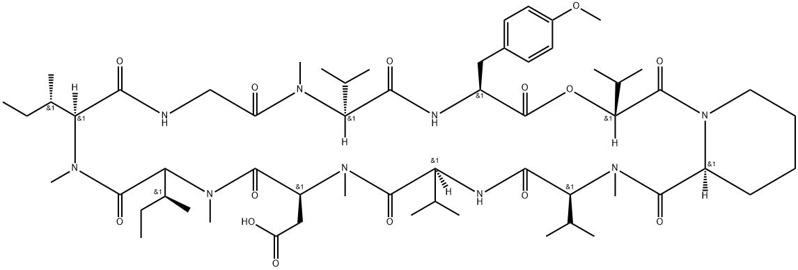 Cyclo[N-methyl-L-α-aspartyl-N-methyl-L-isoleucyl-N-methyl-L-isoleucylglycyl-N-methyl-L-valyl-O-methyl-L-tyrosyl-(2R)-2-hydroxy-3-methylbutanoyl-(2S)-2-piperidinecarbonyl-N-methyl-L-valyl-L-valyl] (9CI) Struktur