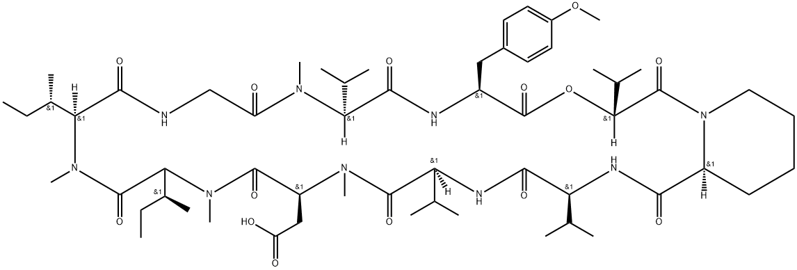 Cyclo[N-methyl-L-α-aspartyl-N-methyl-L-isoleucyl-N-methyl-L-isoleucylglycyl-N-methyl-L-valyl-O-methyl-L-tyrosyl-(2R)-2-hydroxy-3-methylbutanoyl-(2S)-2-piperidinecarbonyl-L-valyl-L-valyl] (9CI) Struktur