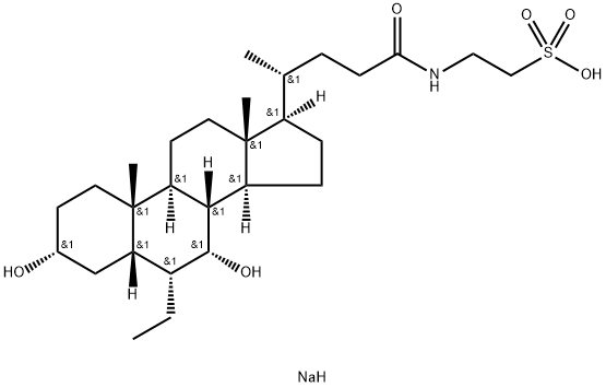 Ethanesulfonic acid, 2-[[(3α,5β,6α,7α)-6-ethyl-3,7-dihydroxy-24-oxocholan-24-yl]amino]-, sodium salt (1:1) Struktur