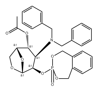 .beta.-D-Gulopyranose, 1,6-anhydro-3-bis(phenylmethyl)amino-3-deoxy-2-O-(1,5-dihydro-3-oxido-2,4,3-benzodioxaphosphepin-3-yl)-, 4-acetate Struktur