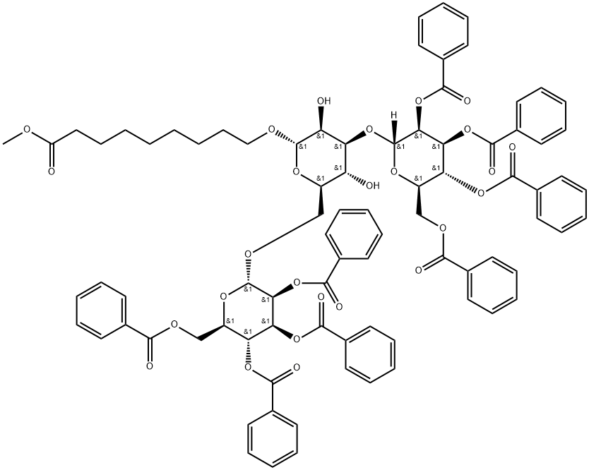 Nonanoic acid, 9-(O-2,3,4,6-tetra-O-benzoyl-.alpha.-D-mannopyranosyl-(13)-O-2,3,4,6-tetra-O-benzoyl-.alpha.-D-mannopyranosyl-(16)-.alpha.-D-mannopyranosyl)oxy-, methyl ester Struktur