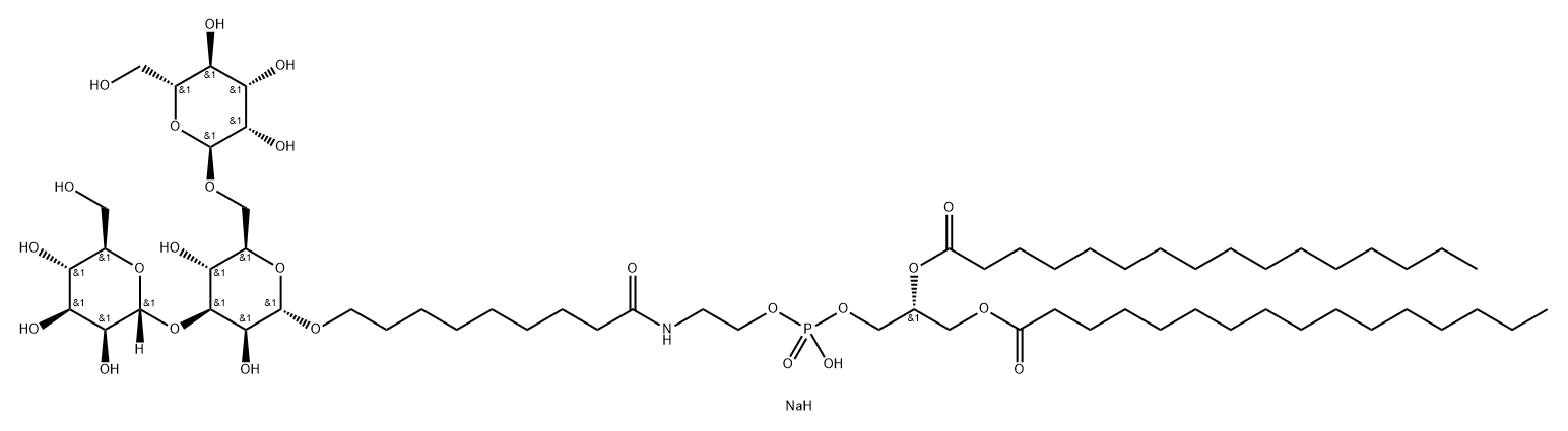 Hexadecanoic acid, (1R)-1-hydroxy2-9-(O-.alpha.-D-mannopyranosyl-(13)-O-.alpha.-D-mannopyranosyl-(16)-.alpha.-D-mannopyranosyl)oxy-1-oxononylaminoethoxyphosphinyloxymethyl-1,2-ethanediyl ester, monosodium salt Struktur