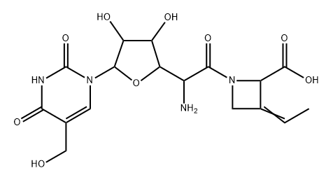 (2S,E)-1-[5-Amino-1-(1,2,3,4-tetrahydro-5-hydroxymethyl-2,4-dioxopyrimidin-1-yl)-1,5-dideoxy-β-D-allofuranulonoyl]-3-ethylidene-2-azetidinecarboxylic acid Struktur