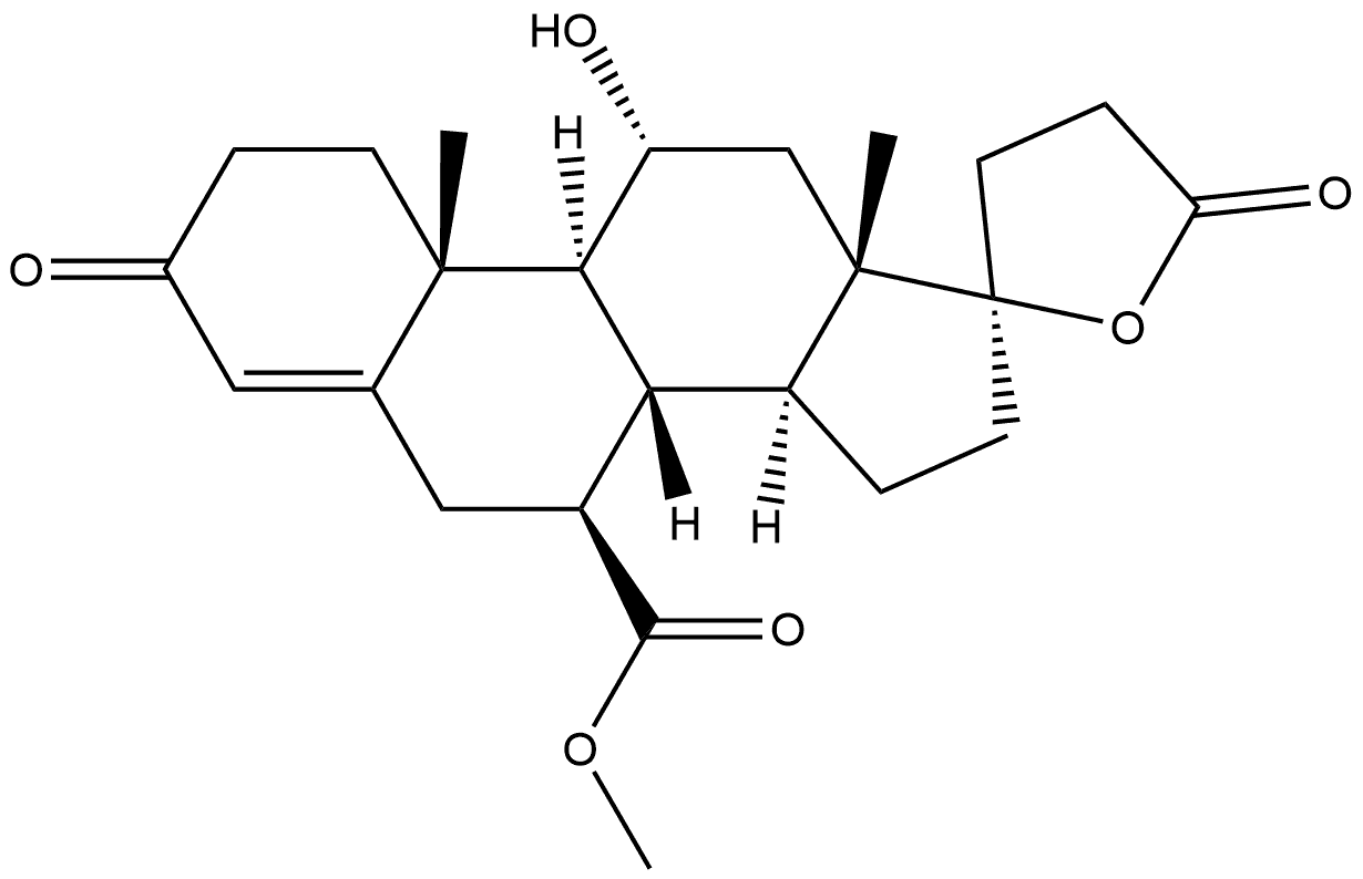 Pregn-4-ene-7,21-dicarboxylic acid, 11,17-dihydroxy-3-oxo-, 21,17-lactone, 7-methyl ester, (7β,11α,17α)- Struktur