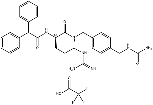 Benzeneacetamide, N-[(1R)-1-[[[[4-[[(aminocarbonyl)amino]methyl]phenyl]methyl]amino]carbonyl]-4-[(aminoiminomethyl)amino]butyl]-α-phenyl-, 2,2,2-trifluoroacetate (1:2) Struktur